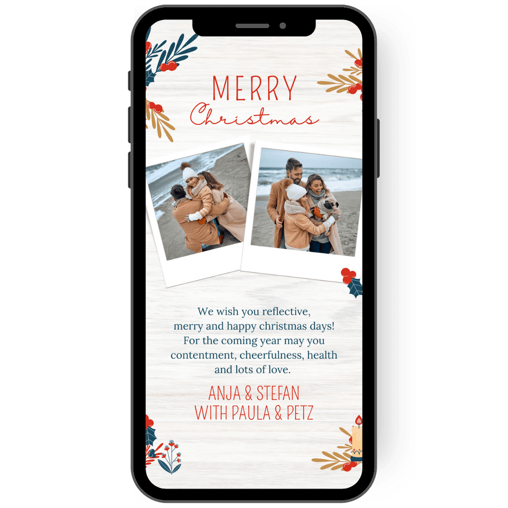 Modern Christmas card for your Christmas greetings with two photos and small branches in gold and green. The background has a wooden look. You can send the Christmas card via WhatsApp with personalized text and Christmas greetings. en
