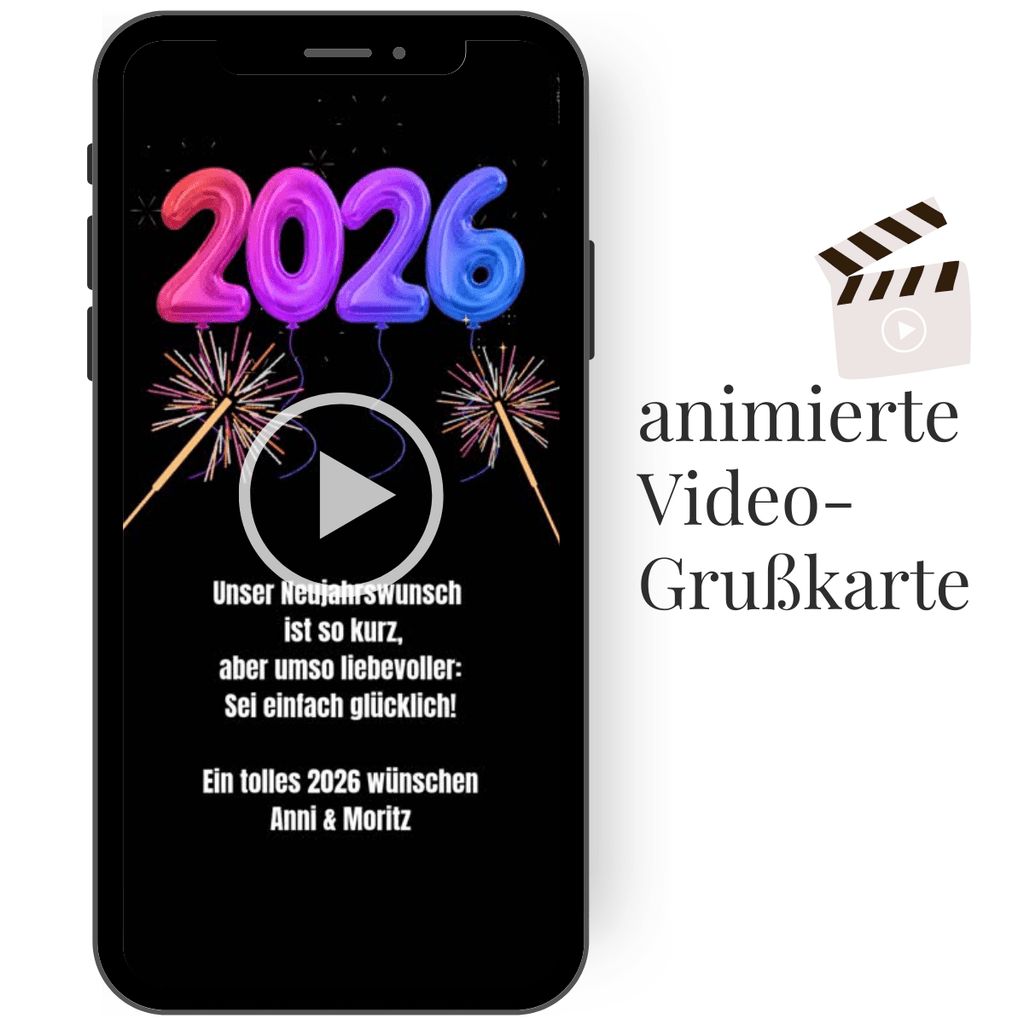 Animierte, farbenfrohe Neujahrskarte mit leuchtenden Wunderkerzen und deutlich hervorgehobener Jahreszahl