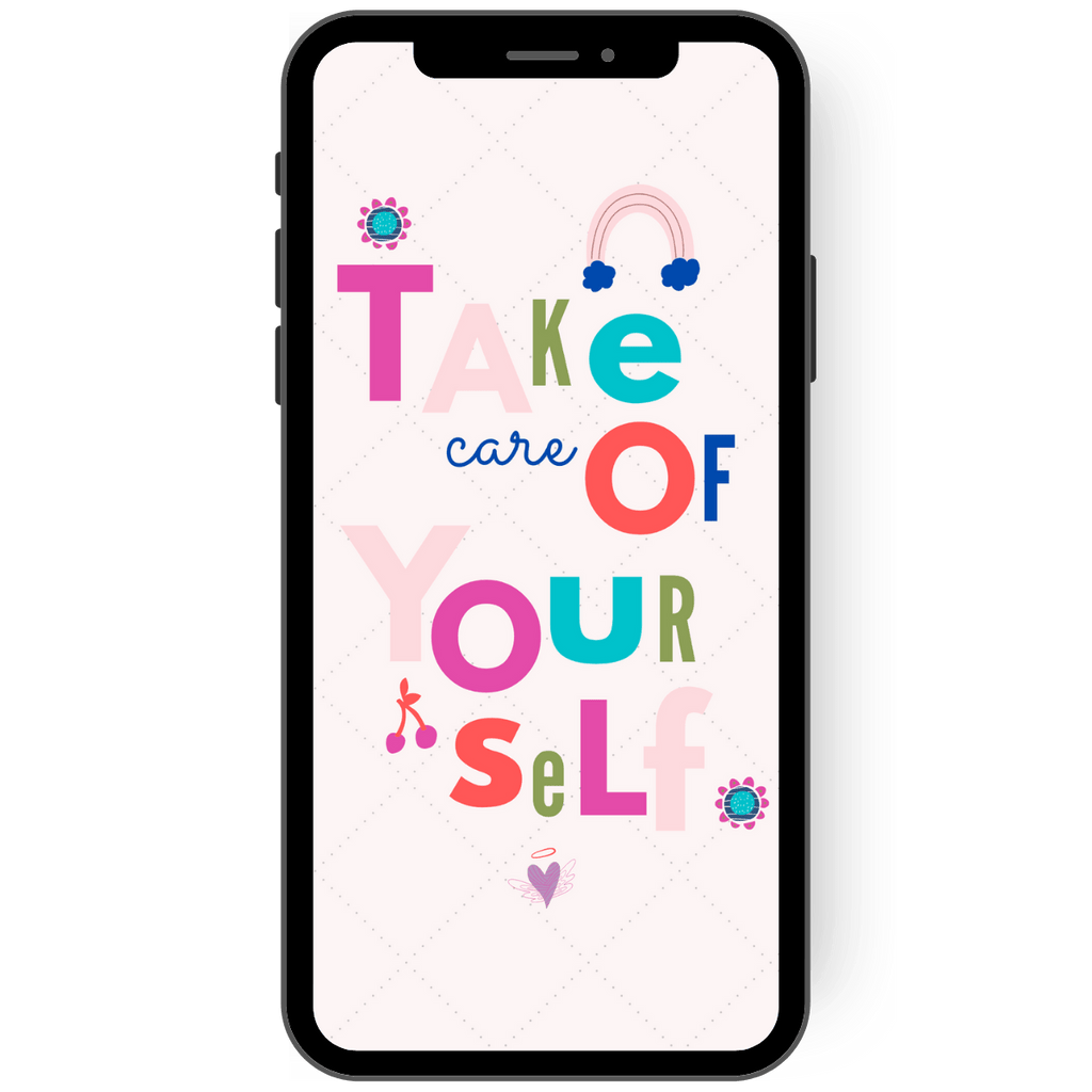 Bunte Blumen, ein paar Kirschen, ein Regenbogen und ein kleines Herz sind zusammen mit dem text "Take care of yourself" auf dieser eCard, die Du all Deinen Lieben schicken kannst