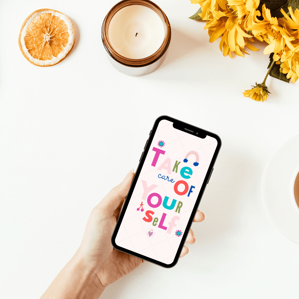 Bunte Blumen, ein paar Kirschen, ein Regenbogen und ein kleines Herz sind zusammen mit dem text "Take care of yourself" auf dieser eCard, die Du all Deinen Lieben schicken kannst