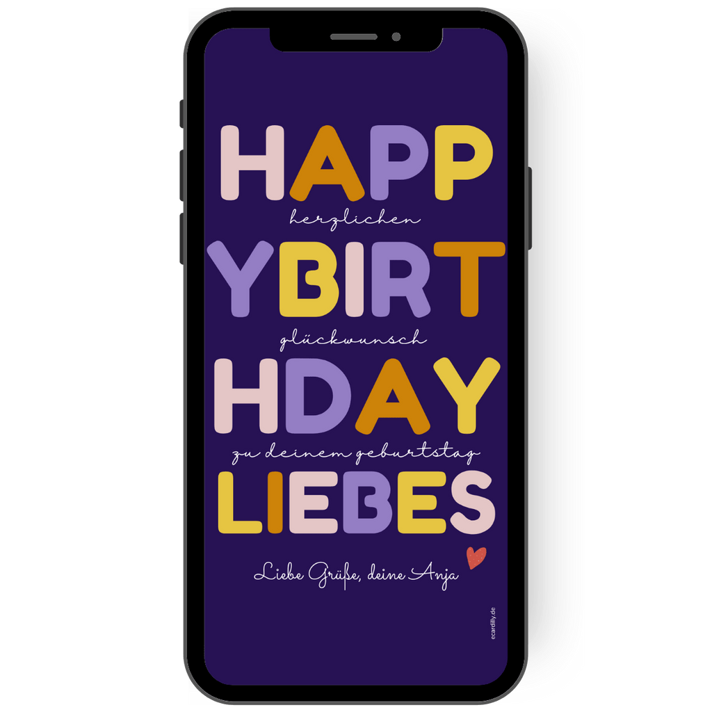 Digitale Vorlage eCard mit einem Hintergrund in lila und leuchtend bunten Buchstaben mit Happy Birthday Liebes.