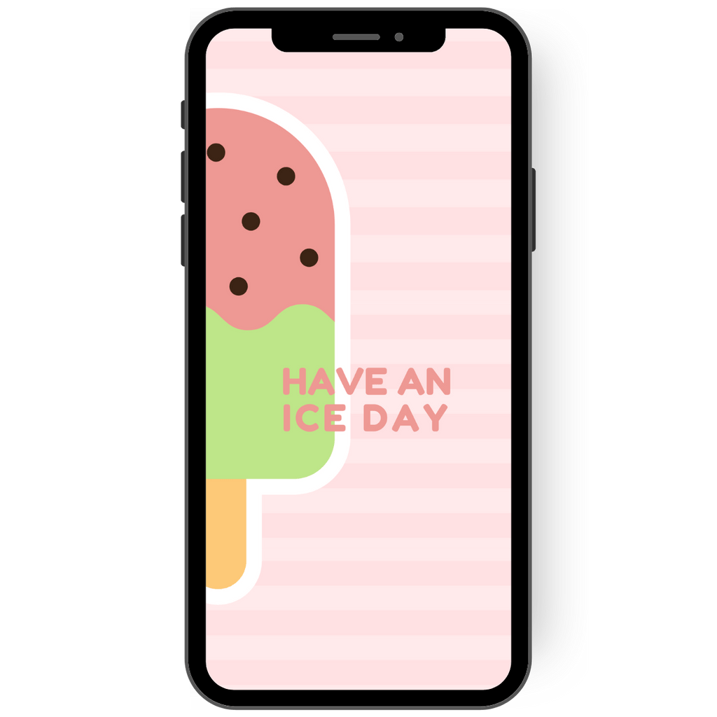Have a(n) Ice Day steht auf dieser eCard neben einem Eis am Stil, das einer Wassermelone ähnelt. Die eCard ist vornehmlich in den Pastellfarben rosé und pistazie gestaltet.