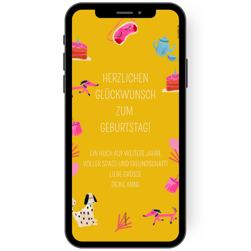 Herzlichen Glückwunsch zum Geburtstag und ein Hoch auf weitere Jahre voller Spaß und Freundschaft steht auf dieser gelben Glückwunschkarte. Rund um den Text sind viele kleine Symbole in Pink-rosa-blau wie Teekanne, Geburtstagskuchen, Hund abgebildet.