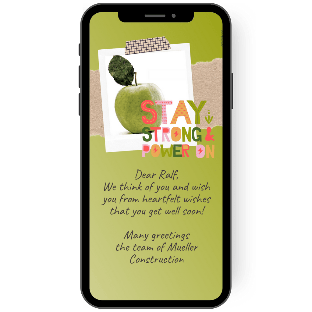 arte and greeting card with get well wishes in green with apple in the background. Stay strong and Power On. We are thinking of you. 