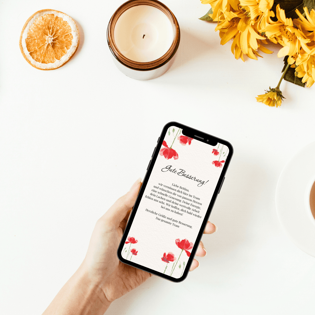 Gute Besserung Karte für WhatsApp mit wunderschönen Mohnblumen