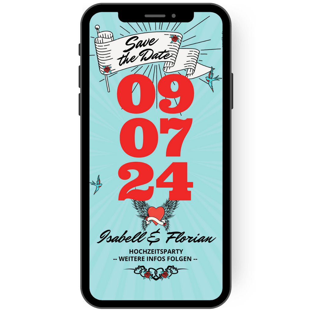 Tolle Save the Date Karte im Rockabilly Design. Digitale Karte als Einladungskarte in türkis rot schwarz.