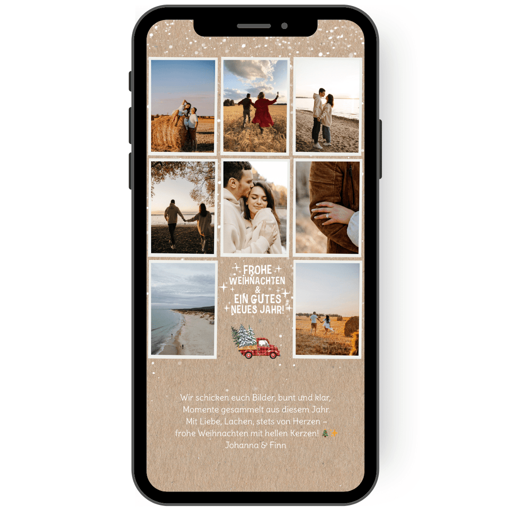 Edle und stilvolle WhatsApp Weihnachtskarte mit 8 Fotos und kleinen weihnachtlichen Symbolen die du als WhatsApp Jahresrückblick versenden kannst.