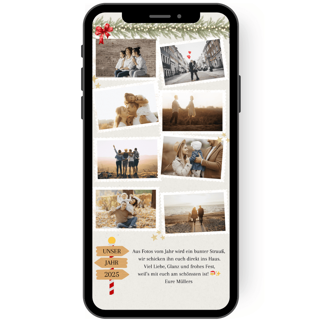 WhatsApp Weihnachtskarte mit Fotos als Jahresrückblick mit kleinen weihnachtlichen Symbolen wie Stern, Zweig und Schleife.