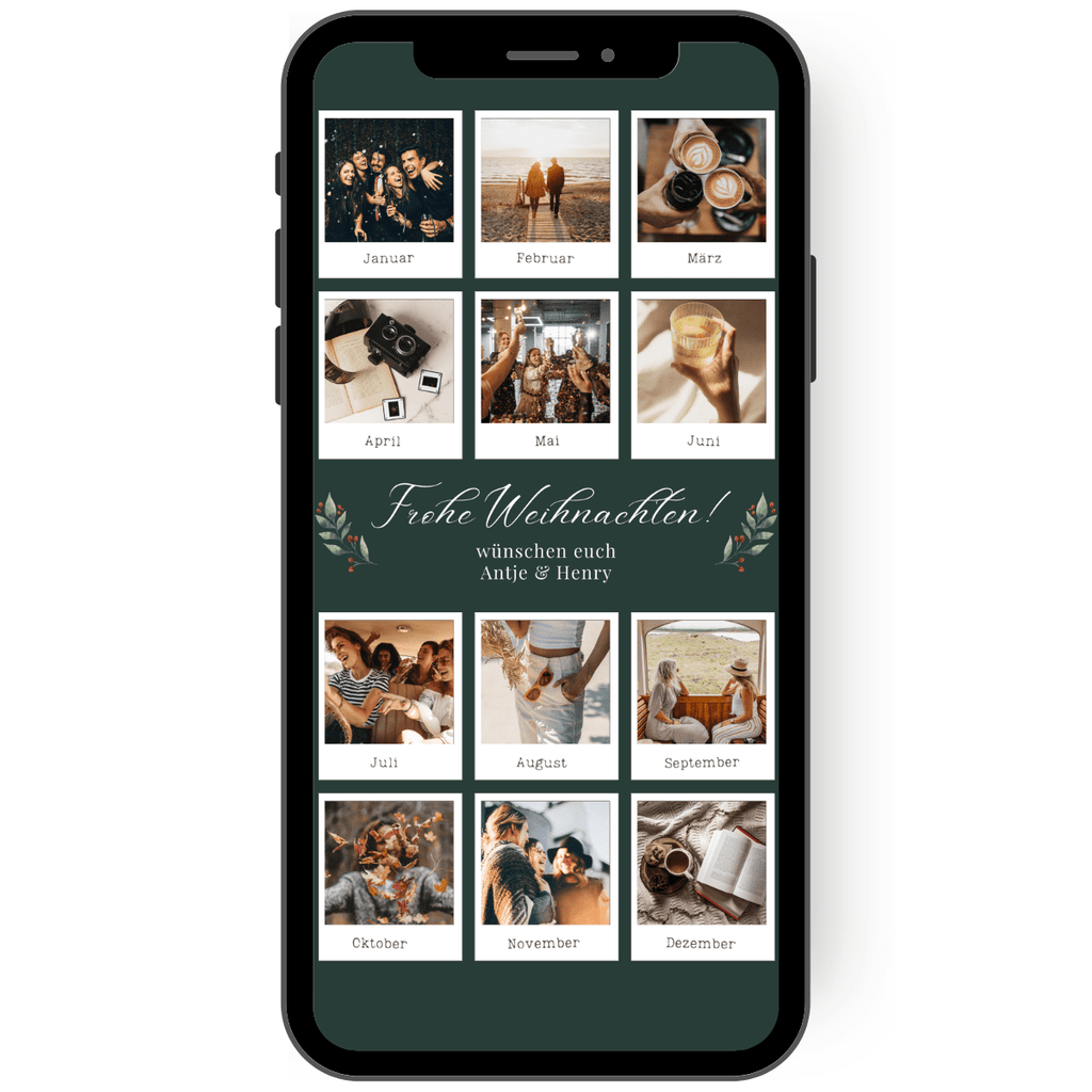 Weihnachtskarte WhatsApp mit 12 Fotos im Jahresrückblick. Versende Weihnachsgrüße mit dieser edlen exklusiven Weihnachtskarte
