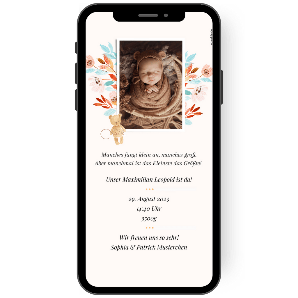 Tolle digitale Babykarte zur Verkuendung der Geburt deines Babys mit floralen Mustern und kleinem Bär.