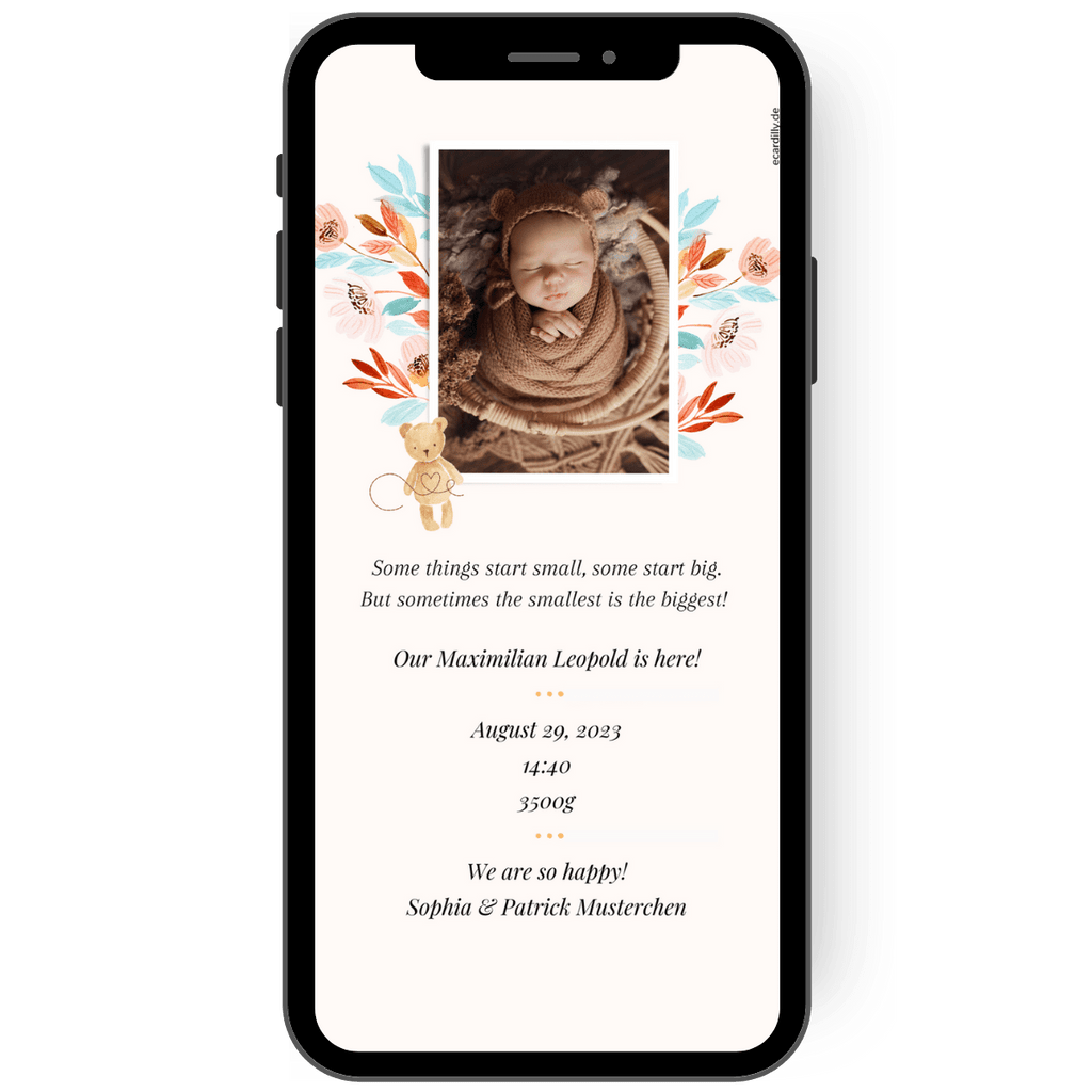 Great digital baby card to announce the birth of your baby with floral patterns and a little bear.