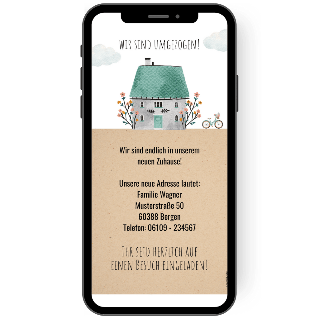Wir sind umgezogen ! eCard - Kraftpapier - neue Anschrift - Haus - Fahrrad - WhatsApp