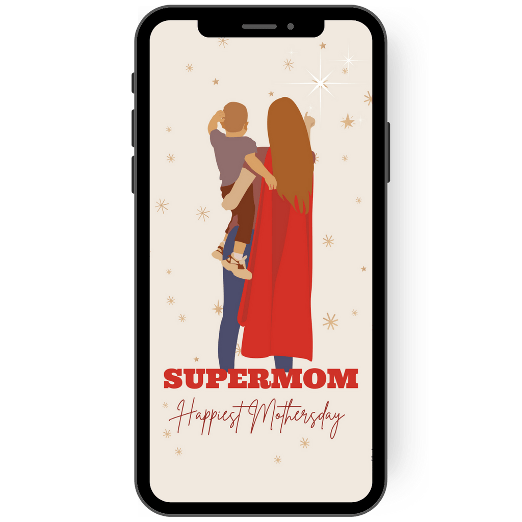 Great greeting card for all supermoms, supermom card in beige with a mom and child.