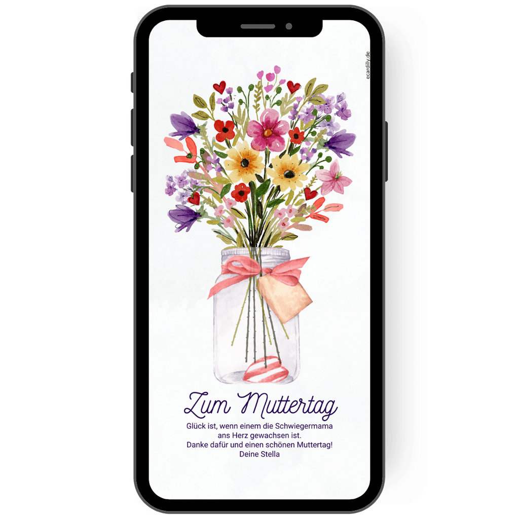 digitale Grüße zum Muttertag versenden - Blumenstrauß in einer Vase - Schleife - Bunte Blumen - Grußkarte - digital