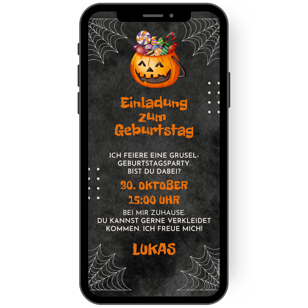 Einladungskarte zum Kindergeburtstag als eCard mit Kürbis in orange. Lade mit einer digitalen Vorlage mit whatsapp zum Gruselgeburtstag ein.