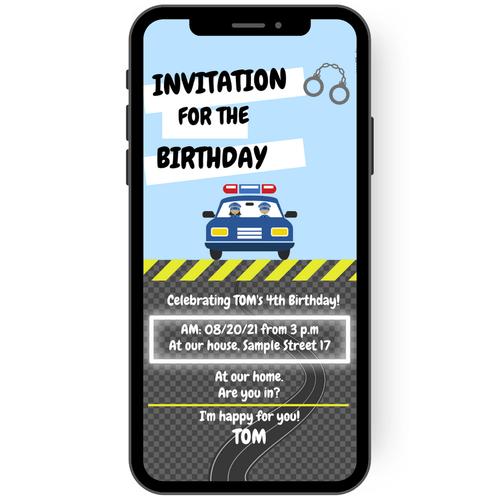 Invitation card for police children's birthday party: The central motif is a patrol car with police officers above the invitation text.