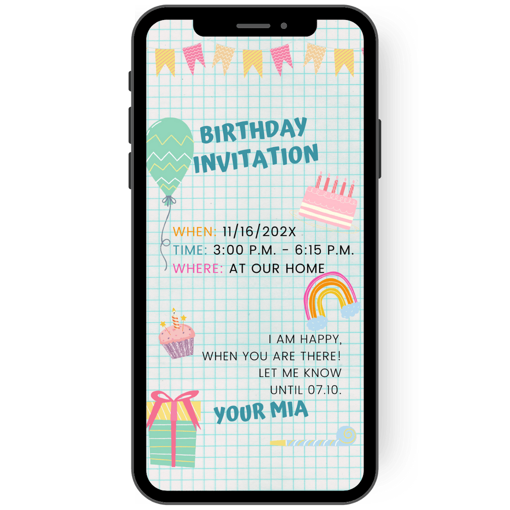 An invitation to a child's birthday party: on a background that looks like a checkered exercise book, a balloon, a cake, a cupcake, a rainbow and a gift are draped around the text of the invitation under a string of pennants