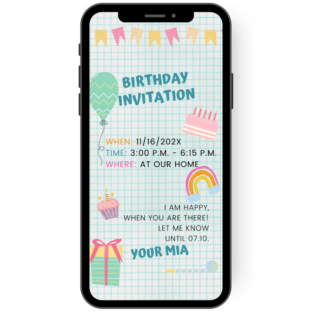 An invitation to a child's birthday party: on a background that looks like a checkered exercise book, a balloon, a cake, a cupcake, a rainbow and a gift are draped around the text of the invitation under a string of pennants