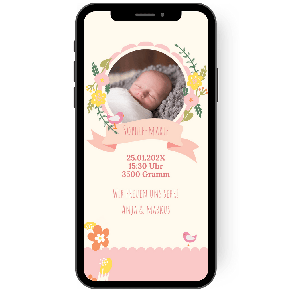 Auf dieser Geburtsanzeige ranken zarten Blumenranken umd as Bild vom neugeborenen Baby. Die digitale Geburtsanzeige ist in zatren Pastelltönen gehalten und besticht durch ihre verspielte Schlichtheit.