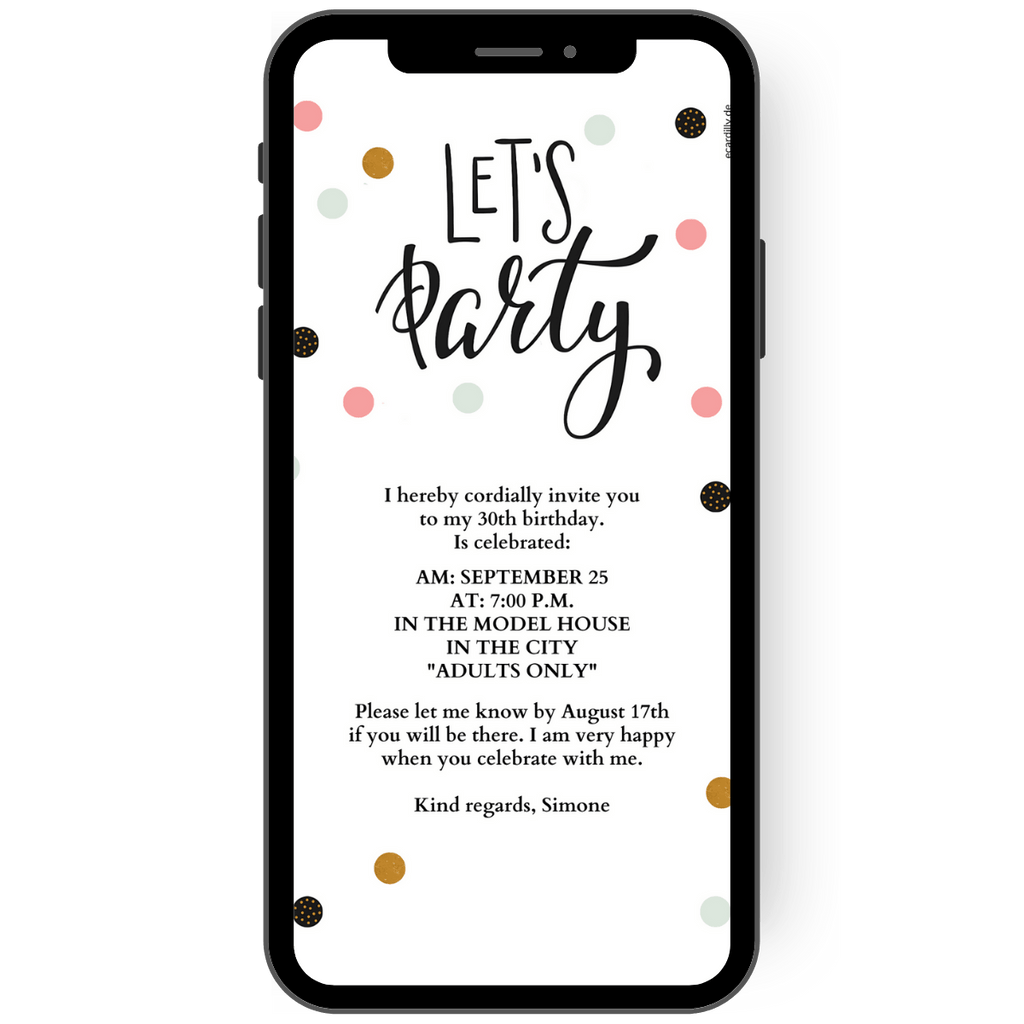 Elegant, modern invitation card in plain white with subtle colorful dots