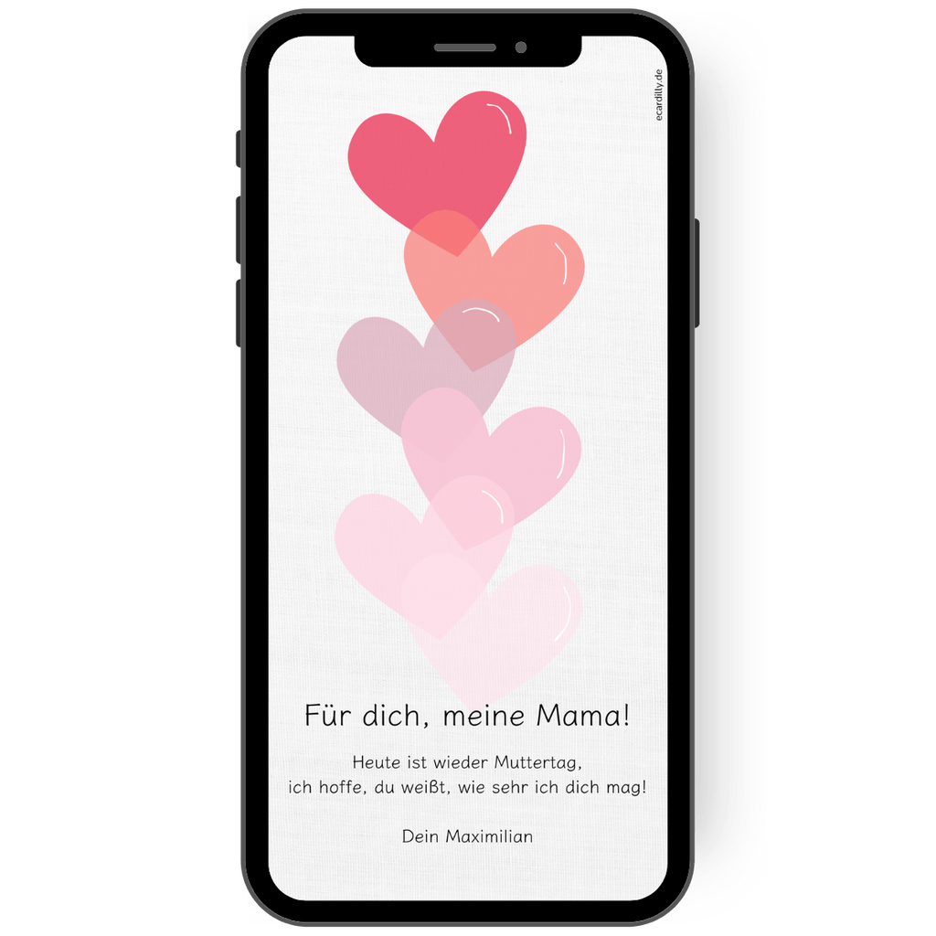 Muttertagskarte mit Herzen in rot/rosa Farbtönen und der Möglichkeit die Karte zu personalisieren