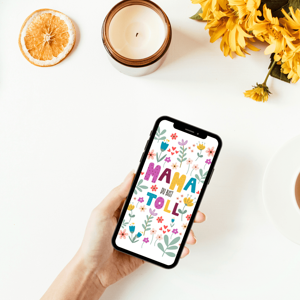 Digitale Muttertagskarte mit bunten Blumen und dem Spruch Mama du bist toll