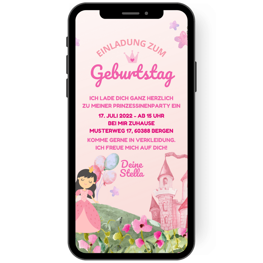 Tolle Einladungskarte zum Kindergeburtstag Prinzessin in rosa mit Luftballons, Traumschloss und Krone.