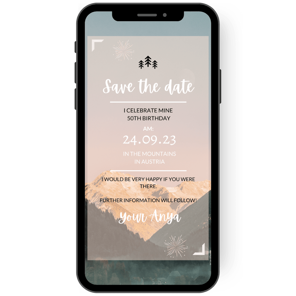 Save the date card, announcing a birthday party in the mountains. The motif therefore features mountains in the background and 3 graphic fir trees.