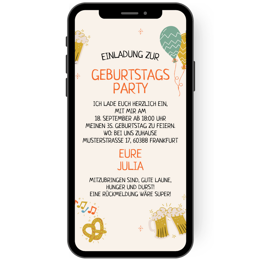 Einladung zur Geburtstagsparty - eCard - Ballons - Bier - Musik -Brezel - Feierlaune - Party - WhatsApp