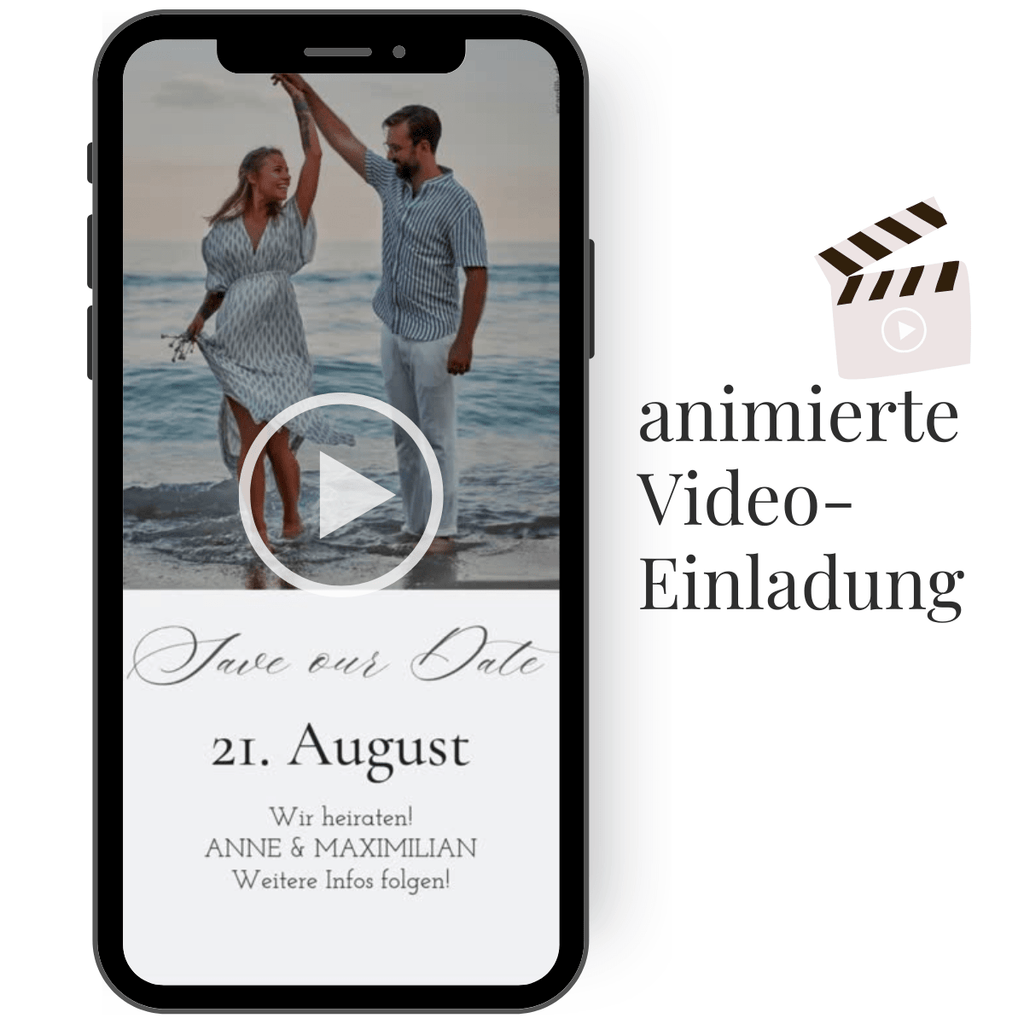 Beeindruckende Save‑the‑Date‑Videoeinladung mit persönlichem Foto und passender Audio­untermalung