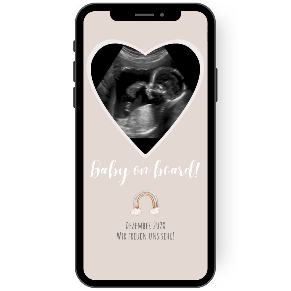 Schwangerschaftskarte mit Ultraschallfoto in Herzform und kleinem Regenbogen der dein Baby ankuendigt