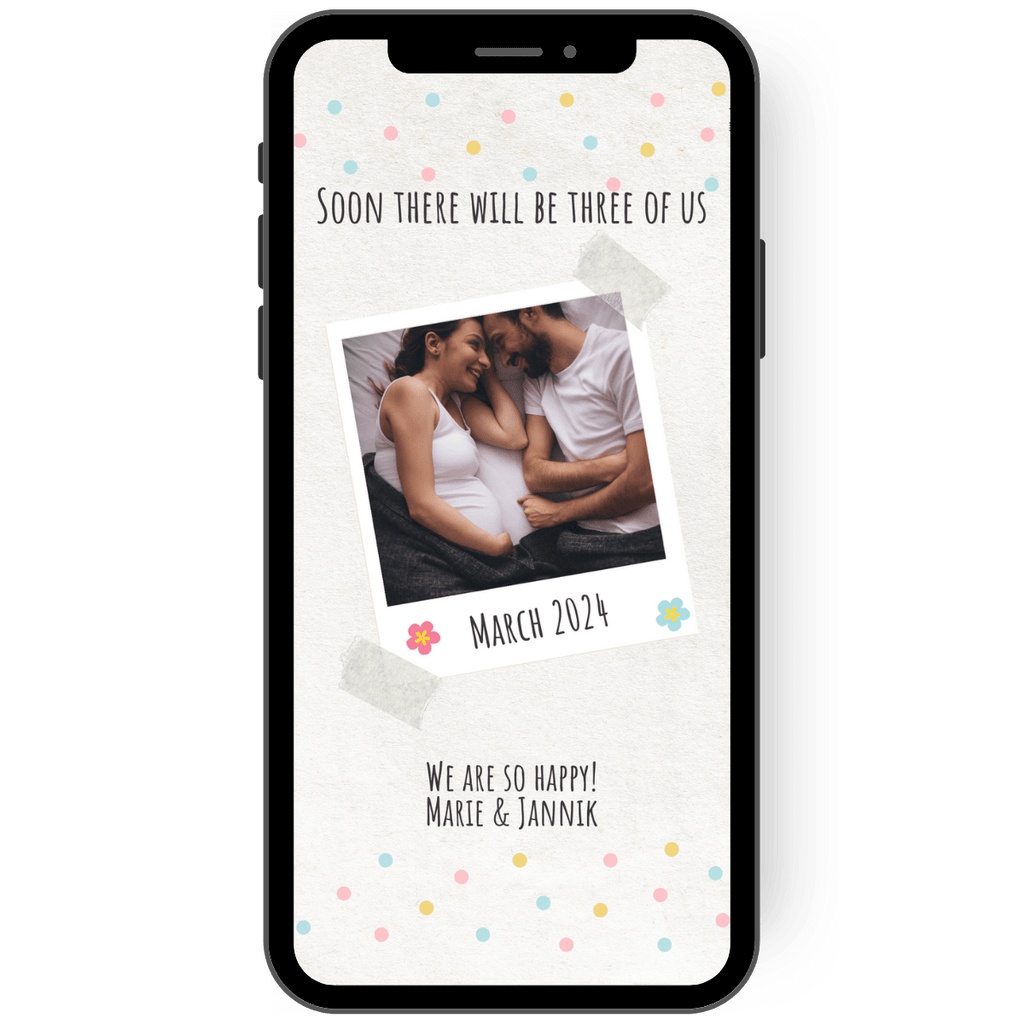 Great pregnancy card with photo and colorful confetti dots and individual text.