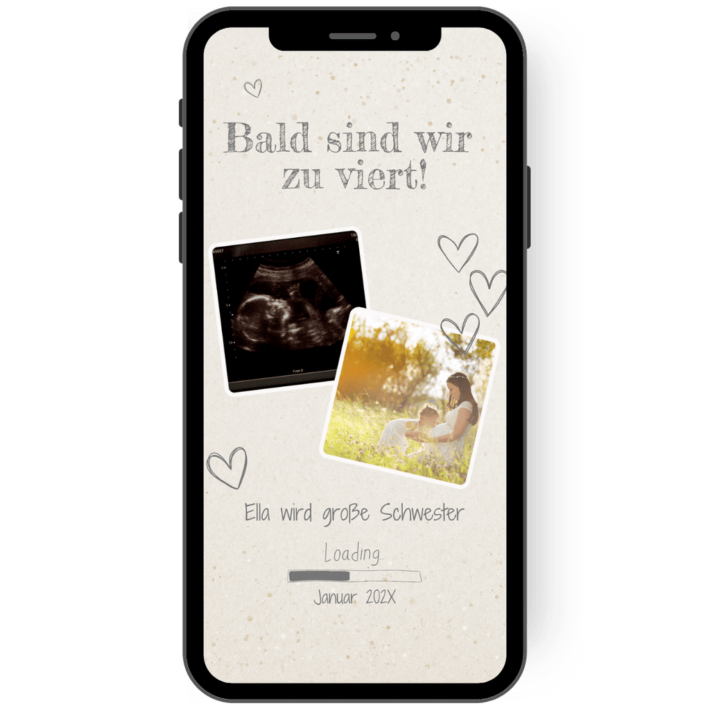 Wunderschöne Karte um eine Schwangerschaft zu verkünden mit zwei Fotos und einem Hintergrund aus Kraftpapier.