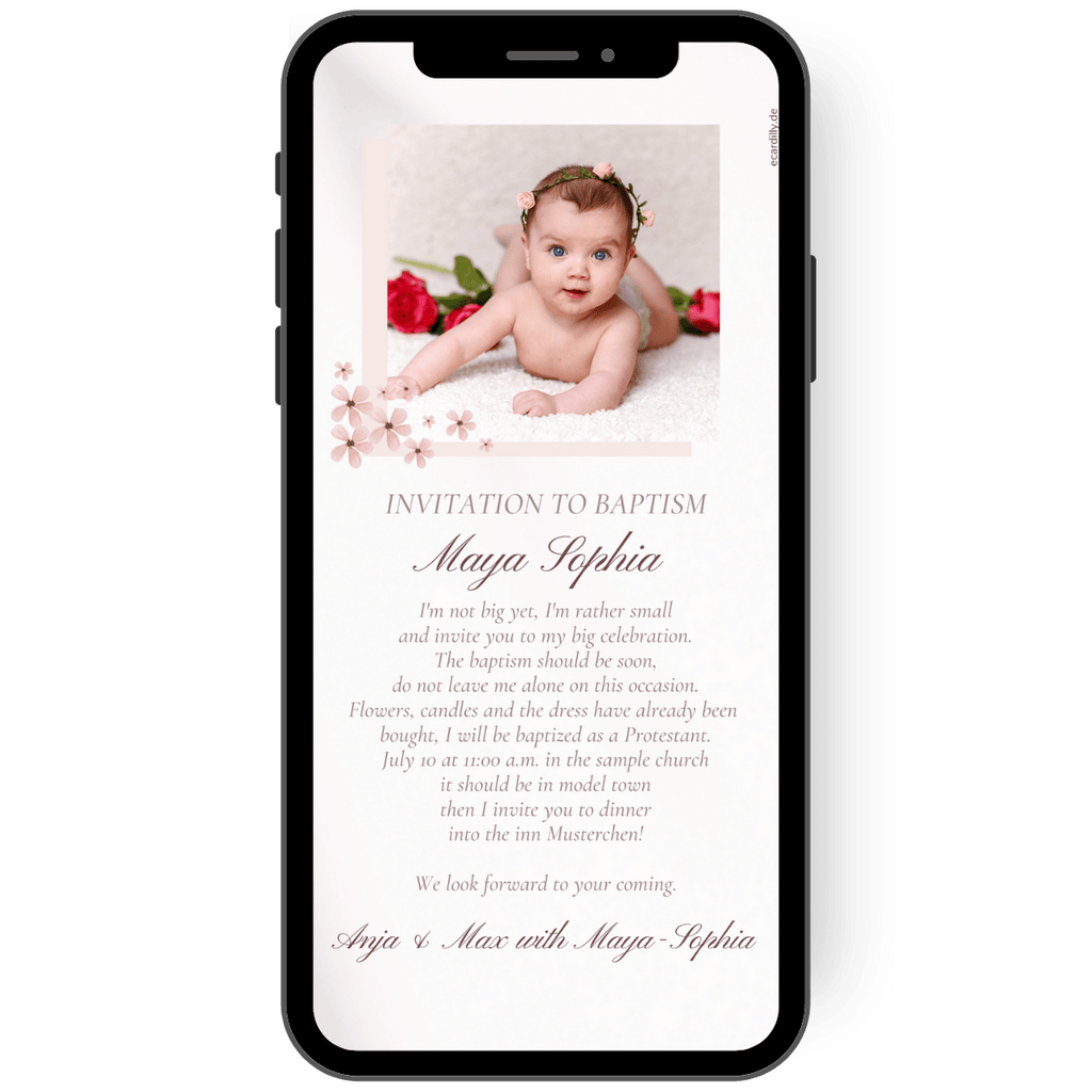 Beautiful, loving christening invitation with photo and playful font