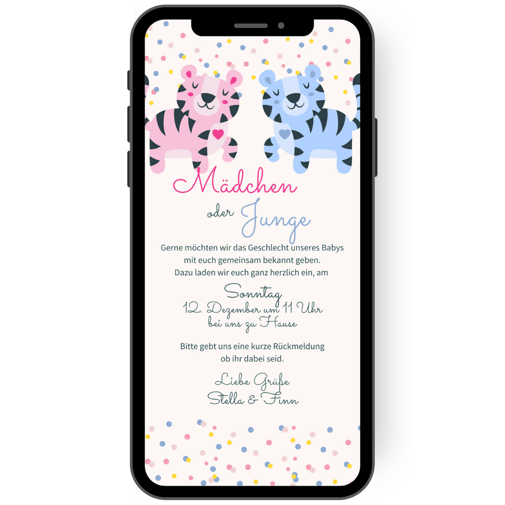 Ein rosa und ein hellblauer Tiger und viel buntes Konfetti stehen über dem Schriftzug "Mächen oder Jung" auf dieser Eilandungskarte, mit der Du alle Gäste zu einer digitalen gender Reveal Party einladen kannst