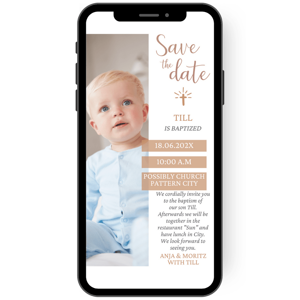 Beautiful christening invitation card as an eCard with photo in beige-brown. A small cross adorns this great invitation card.