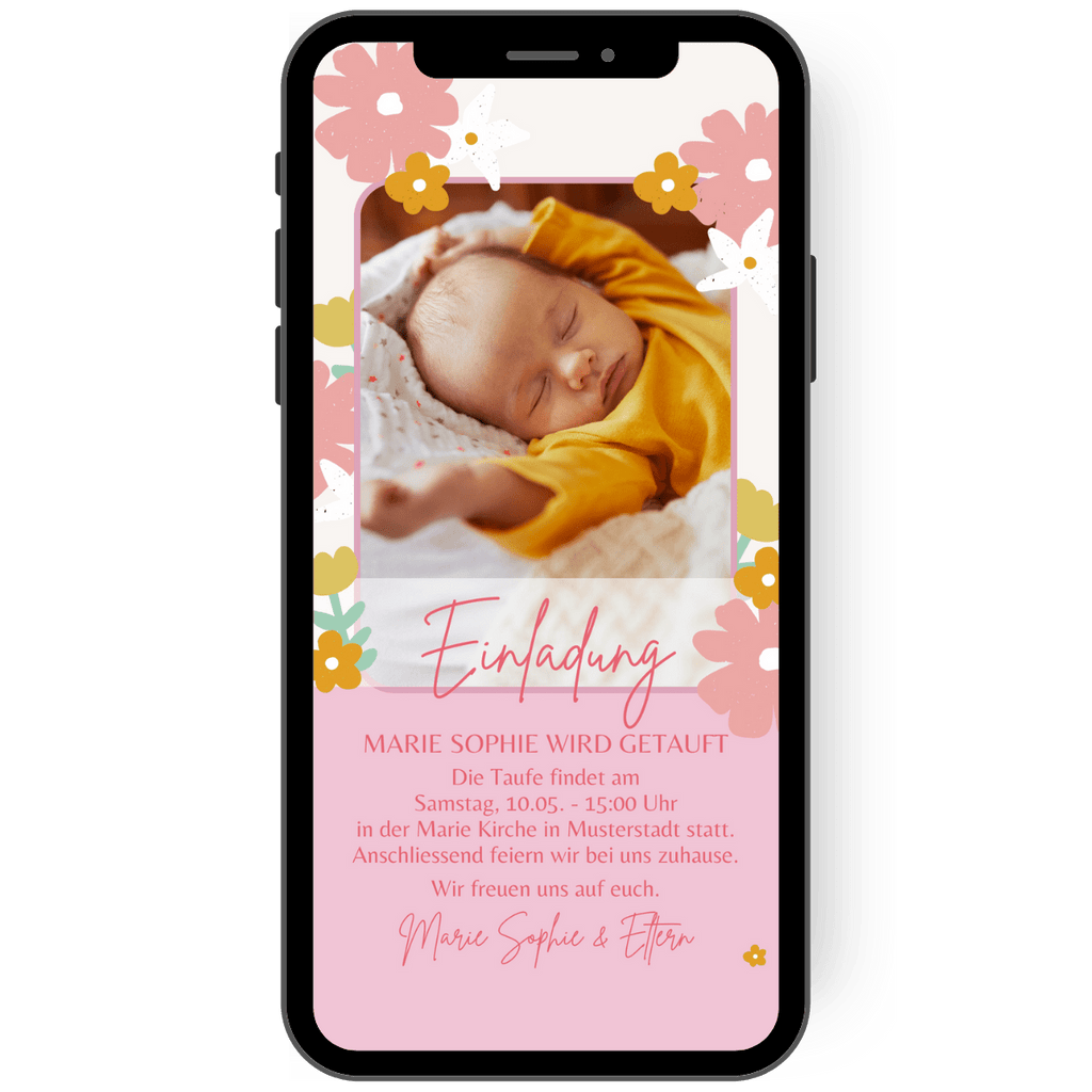 Tolle Einladungskarte zur Taufe mit blumen in rosa, gelb und weiss. Mit dieser papierlosen Einladungskarte kannst du digital mit deinem Smartphone einladen.