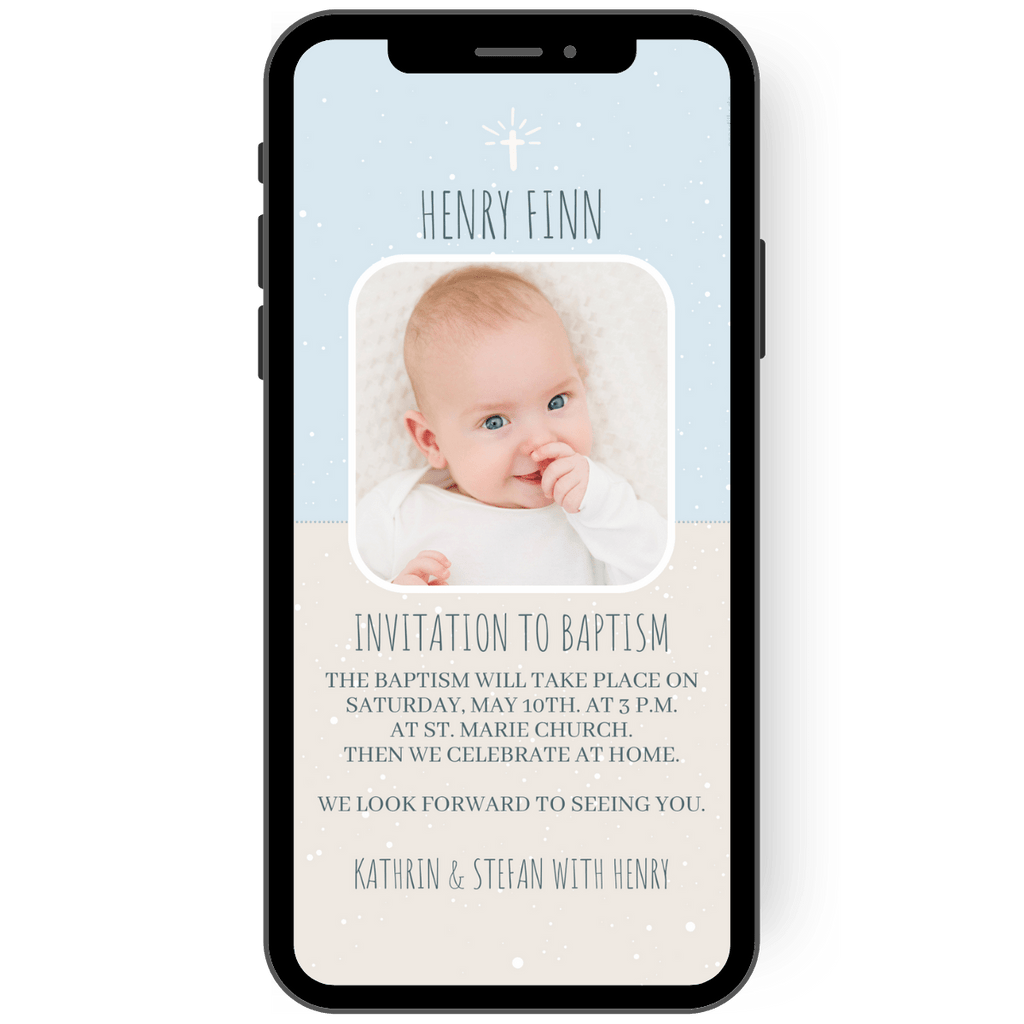 Great digital christening invitation card with photo and soft pastel colors.