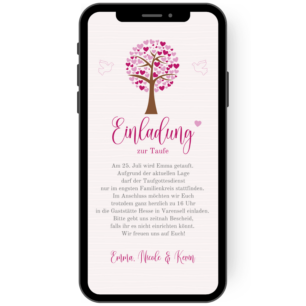 Wunderschoene Taufeinladung mit einem Herzbaum und Tauben mit einem dezenten Hintergrund in rosa