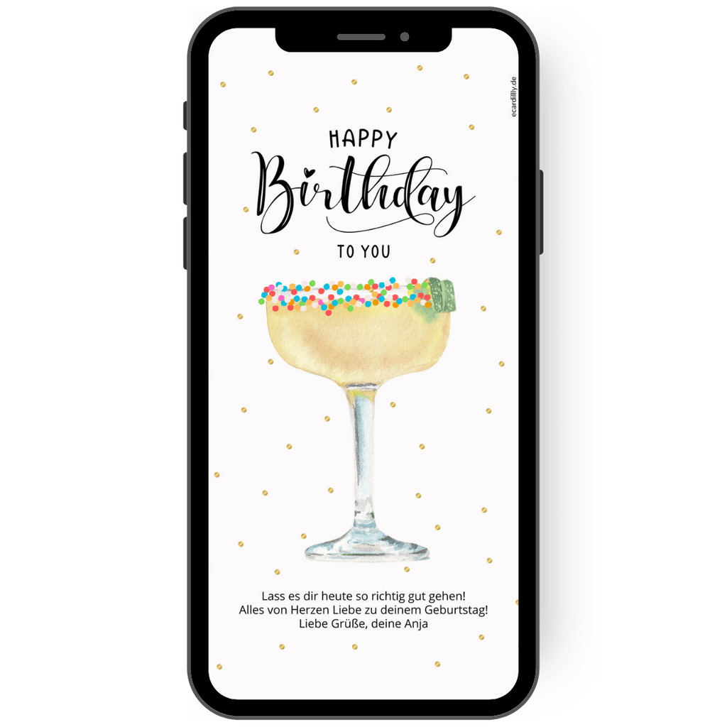 Digitale Grußkarte zum Geburtstag mit einem Cocktail und bunten Perlen.