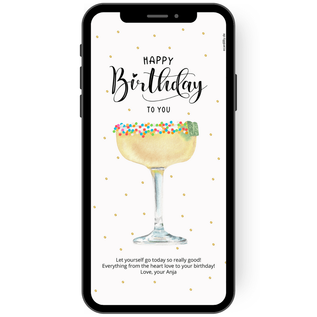 Digital birthday greeting card with a cocktail and colorful pearls.