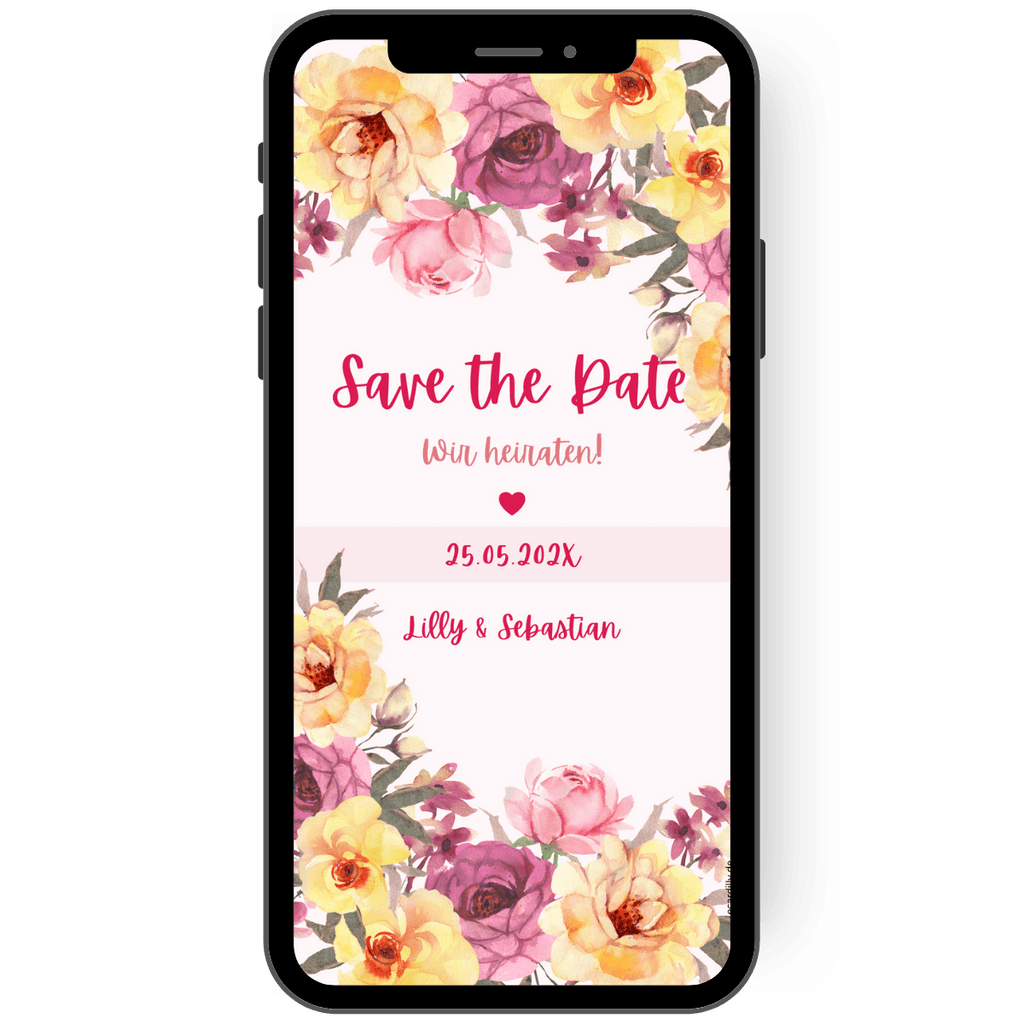 Rosenblüten in zarte, lila, rosa und apricot umranden die wichtige Info auf dieser eCard: Save the date - wir heiraten. Hochzeitstermin einfach digital ankündigen.
