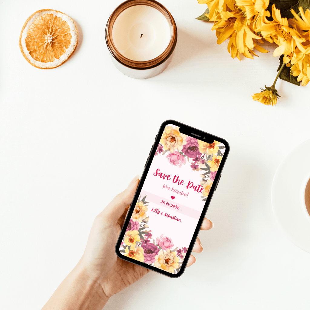 Rosenblüten in zarte, lila, rosa und apricot umranden die wichtige Info auf dieser eCard: Save the date - wir heiraten. Hochzeitstermin einfach digital ankündigen.
