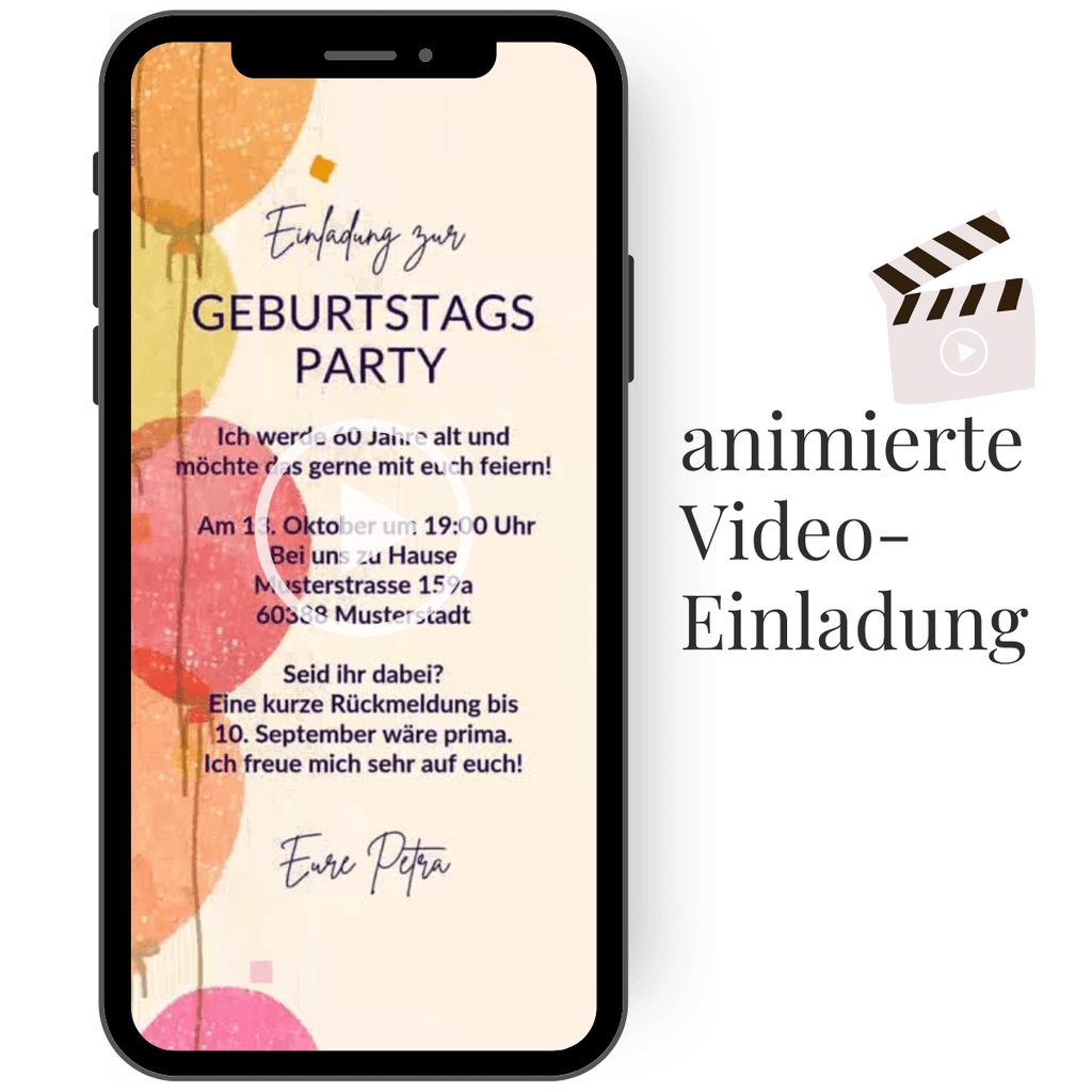 Bunte, animierte Geburtstagseinladung mit fröhlicher Ballondekoration und musikalischer Begleitung