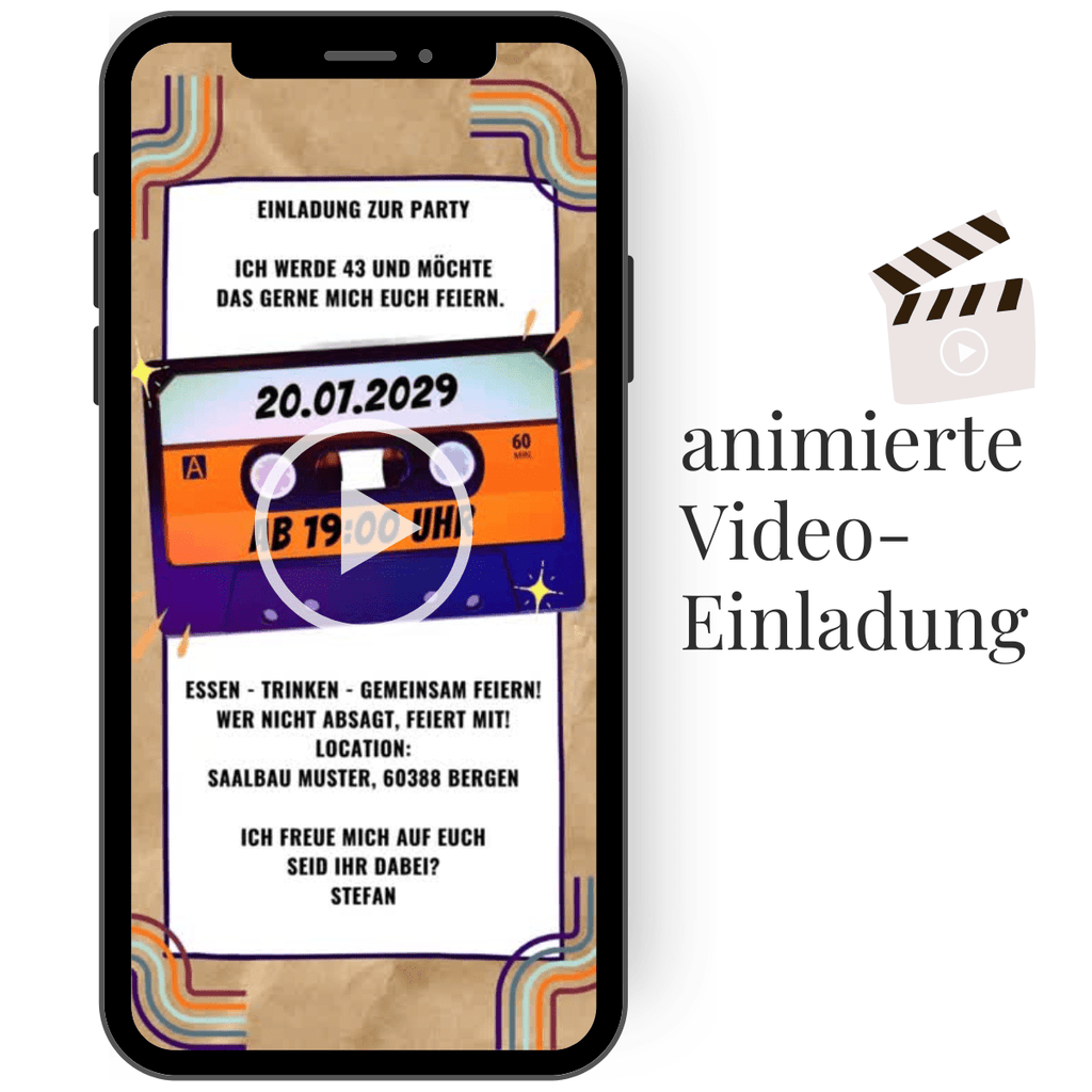 Digitale Geburtstagseinladung im Retro-Stil mit vintage Kassette, personalisierbar für eine stilvolle Einladung.