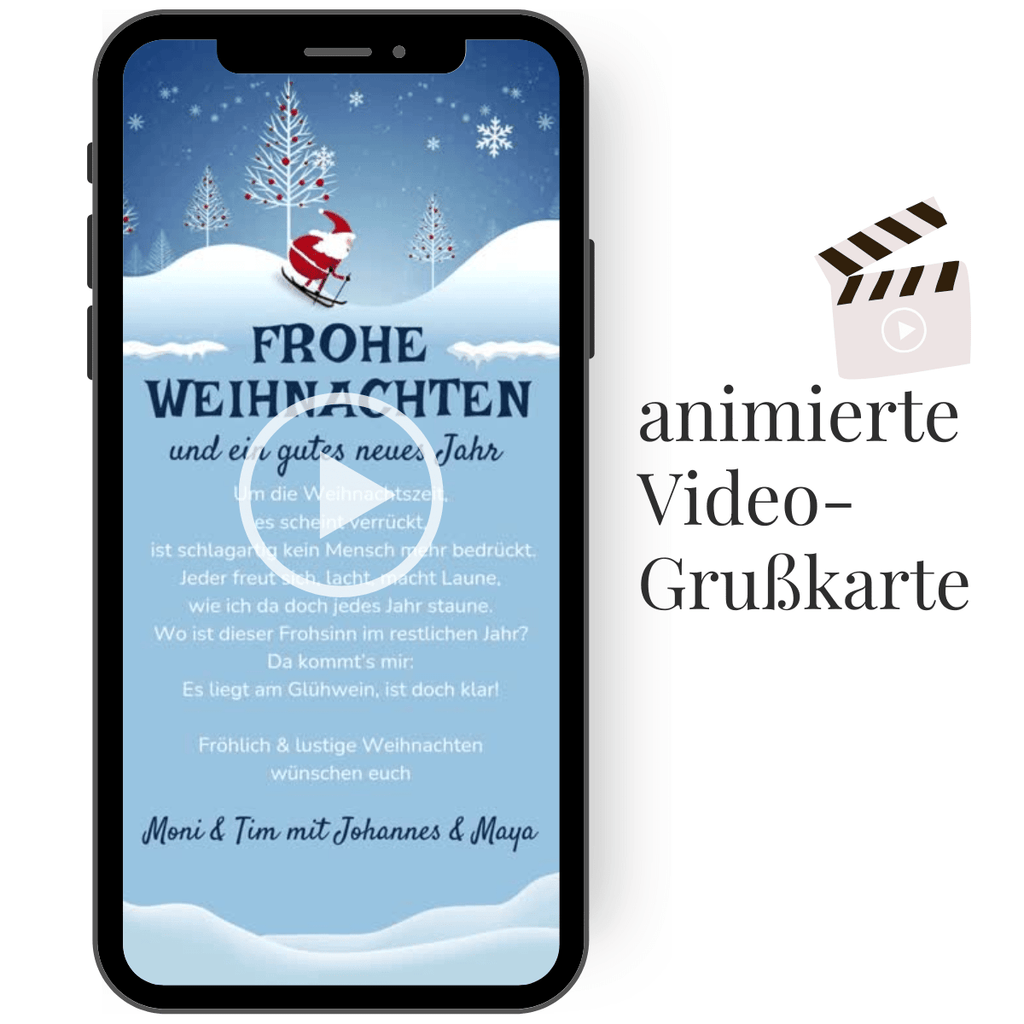 WhatsApp-Weihnachtskarte mit einem kleinen Nikolaus, der fröhlich auf Skiern über die Karte saust