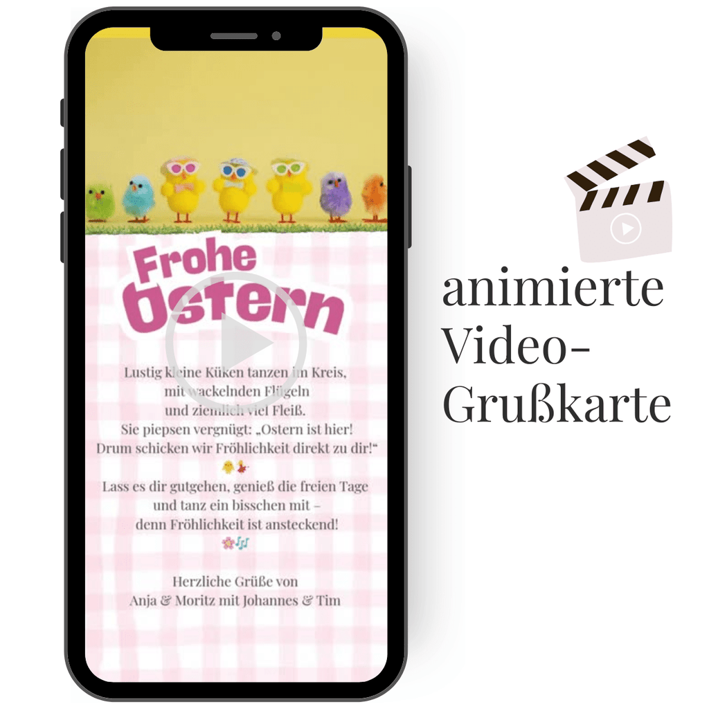 Bewegte Ostergrußkarte mit fröhlich tanzenden Küken und digitalen Ostergrüßen