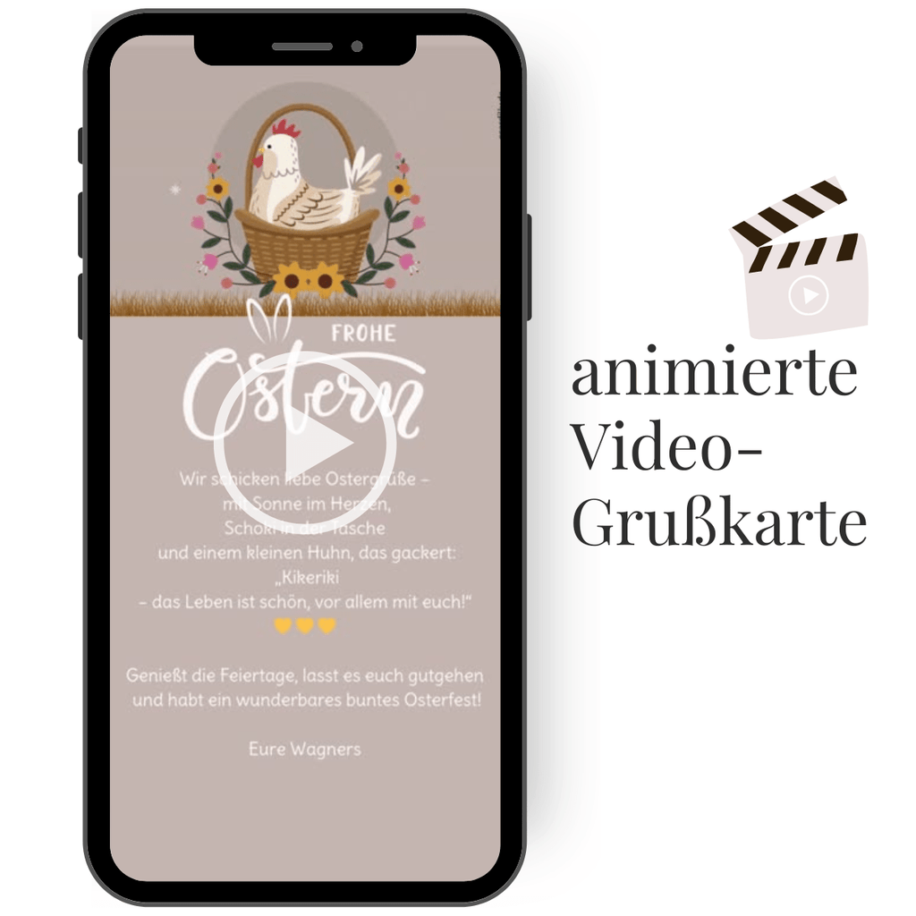 Animierte Osterkarte mit Huhn und lustigem Song, personalisierbar für moderne digitale Ostergrüße.