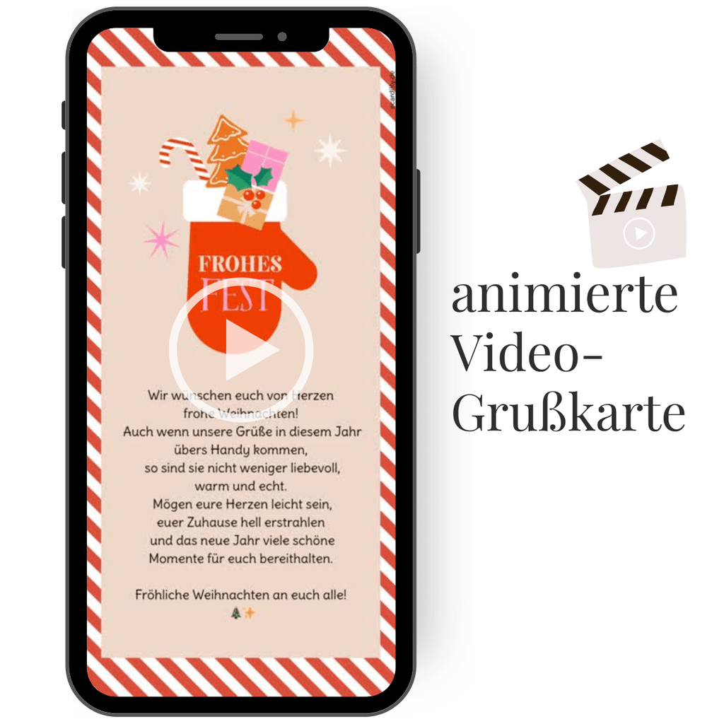 Rot-weiße WhatsApp-Weihnachtskarte mit gefülltem Handschuh und fröhlicher Musik, personalisierbar mit eigenen Grüßen.