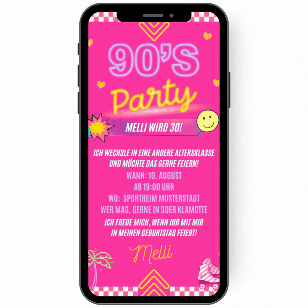 Tolle Video Einladung zur Retro Vintage 90s Party. Pinke Einladungskarte mit kleinen Stickern mit 90s Elementen.
